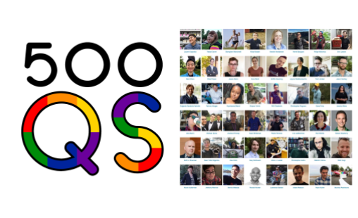 Logo for 500 Queer Scientists organization along with photos from scientist featured on the site